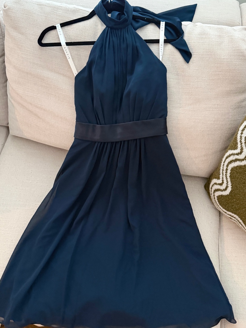 Azazie Navy Halter Chiffon Midi Dress